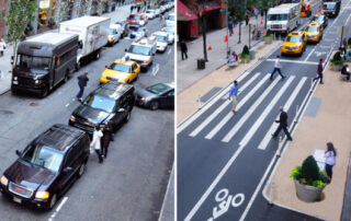 before and after photos of a street with new bike lanes