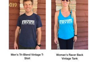 man and woman modeling factory bikes t-shirt and tanks